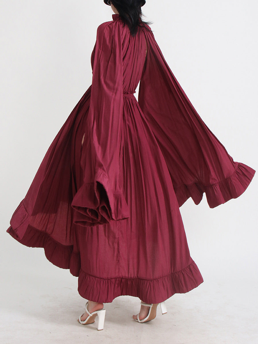 Designed V Neck Ruffled Long Sleeves Cloak Dresses