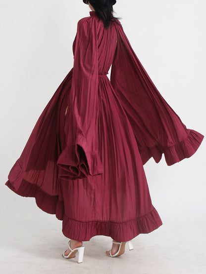 Designed V Neck Ruffled Long Sleeves Cloak Dresses