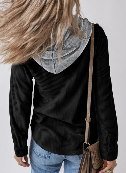 Women Lapel Buckle Cardigan Hooded Pull Rope Striped Jacket Coats