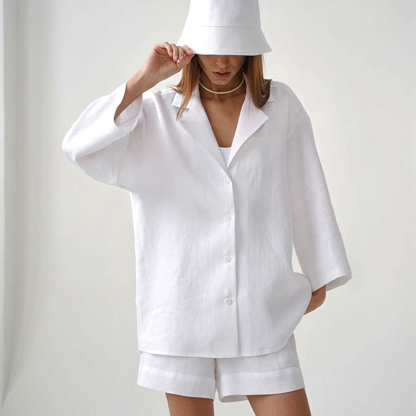 Summer Cotton Long Sleeves Shirts and Shorts Suits