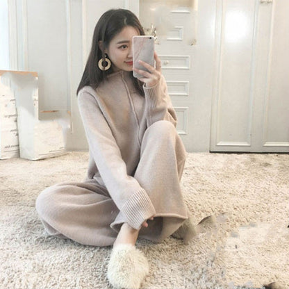 Casual Turnover Collar Two Pieces Knitted Suits for Women