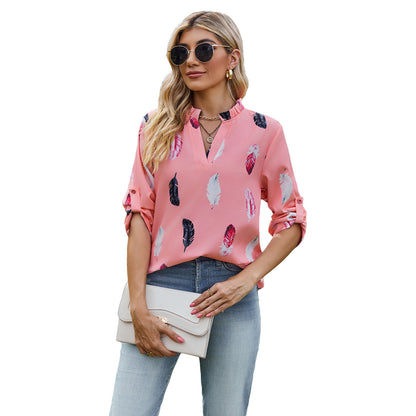 Casual Summer Feather Print 3/4 Sleeves Shirts