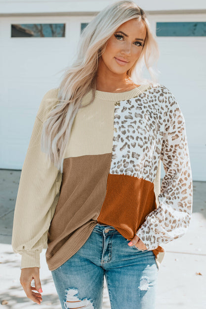 Casual Autumn and Winter Contrasting Color Leopard Knitted Long-sleeves Women Tops