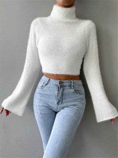 Casual High Neck Midriff Short Sweaters
