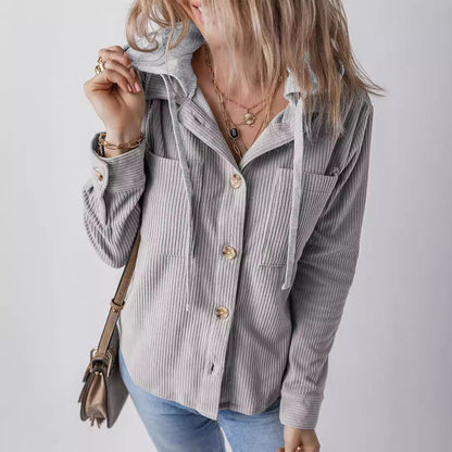 Women Lapel Buckle Cardigan Hooded Pull Rope Striped Jacket Coats