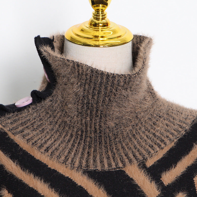 Fashion Designed Stand Collar Long Sleeves Knitted Sweaters with Belt