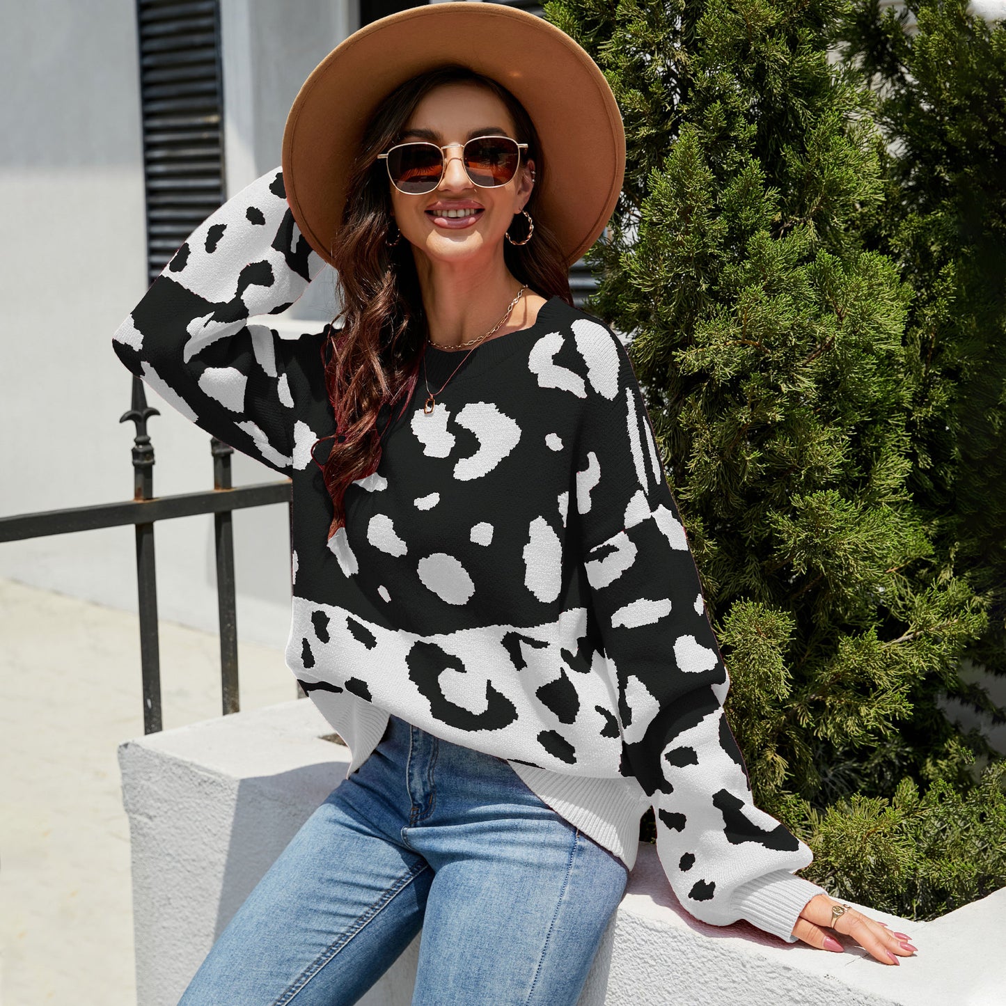 Fashion Round Neck Leopard Knitted Pullover Sweaters