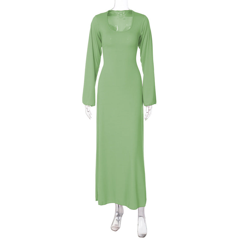 Sexy U Neck Back Lace Up Long Sleeves Dresses