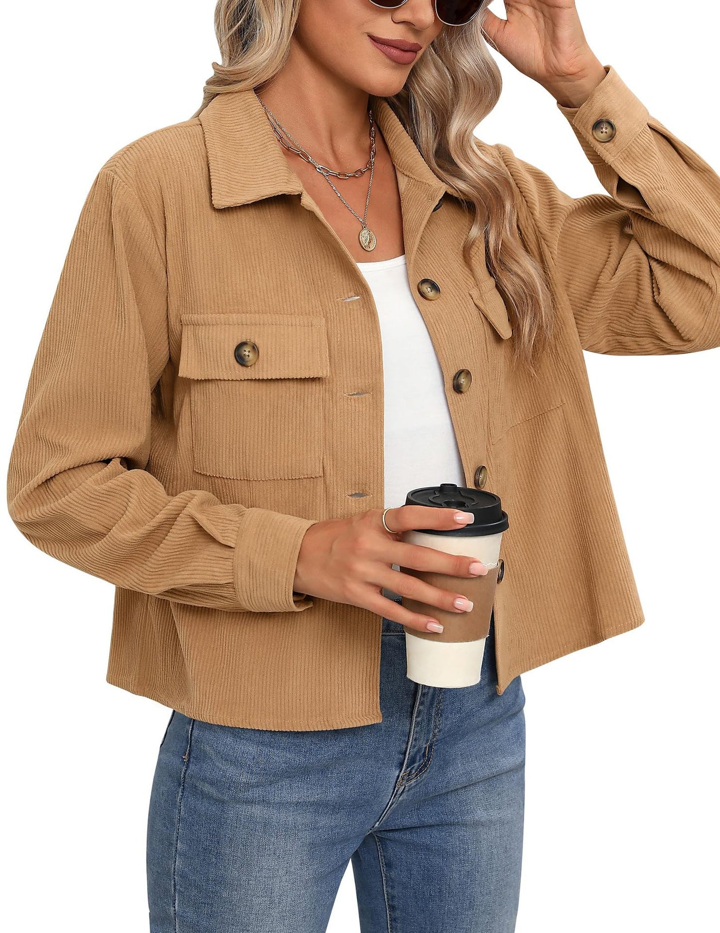 Women's Fashion Casual Short Shirt Corduroy Button-up Top Jackets