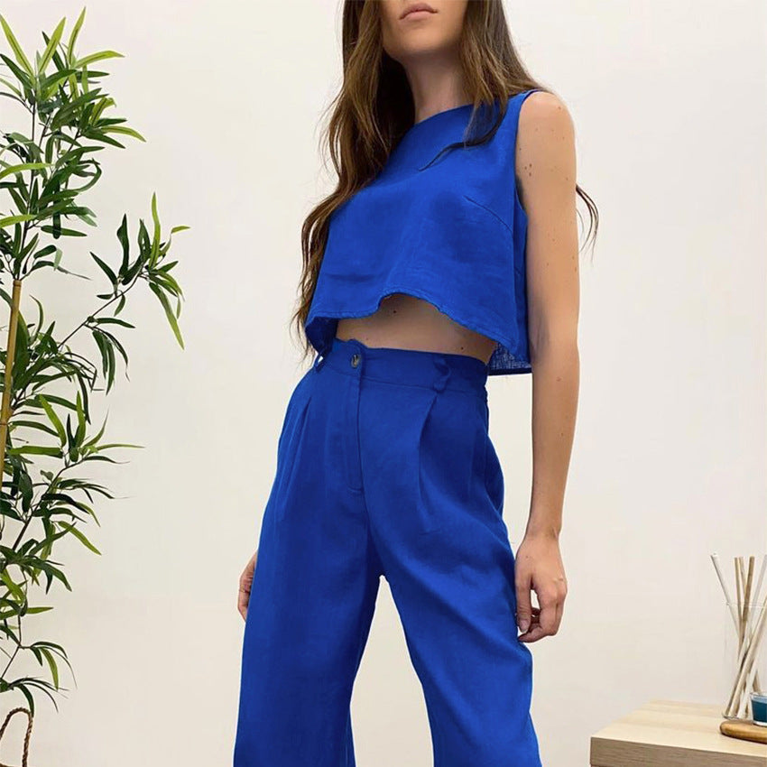Casual Cotton Linen Sleeveless Tops & Wide Legs Pants