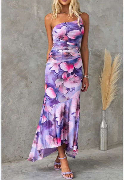 Trendy Explosive One Shoulder Floral Elastic Bodycon Dress