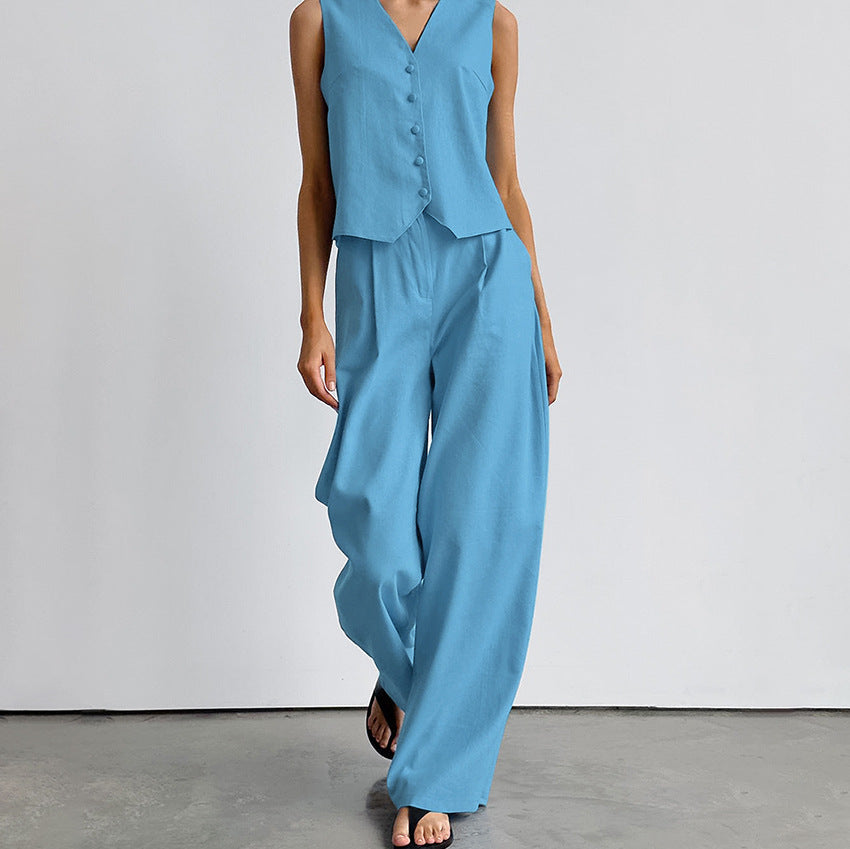 Casual V Neck Sleeveless Tops and Pant Suits