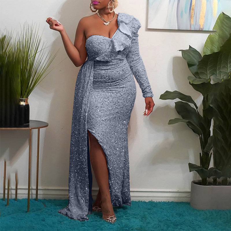 Sexy Sequined One Shoulder Long Party Dresses