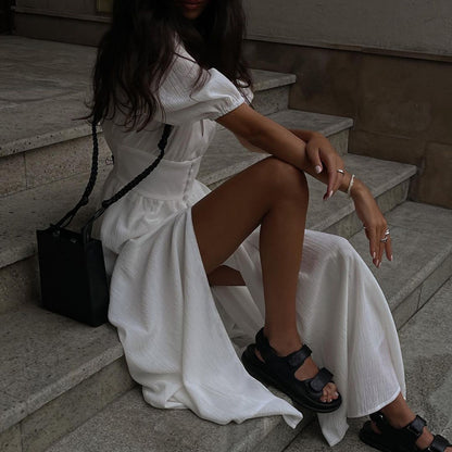 Elegant V Neck Designed Split Front Long Dresses