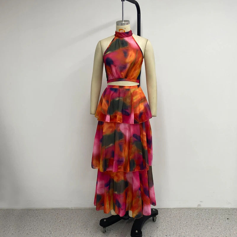 Fashion Floral Print Sleeveless Tiered Cake Dresses