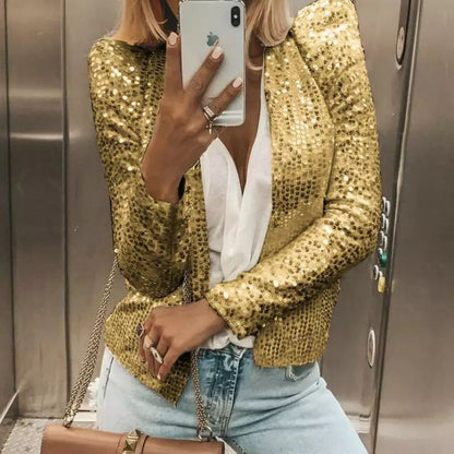 Fashion Stand Collar Sequined Short Coats for Women