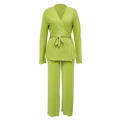 Casual V Neck Long Sleeves Tops and Pants Two Pieces Suits