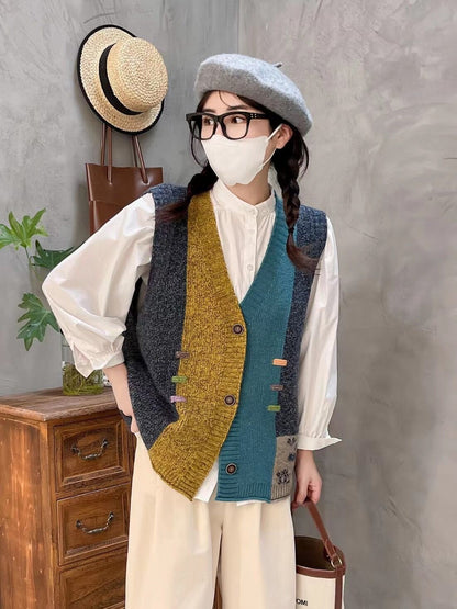 Designed Vintage V Neck Wool Knitted Vest Tops