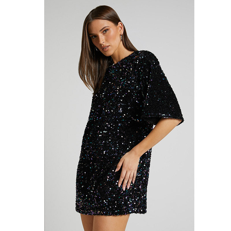 Fashion V Neck Sequined Backless Short Dresses