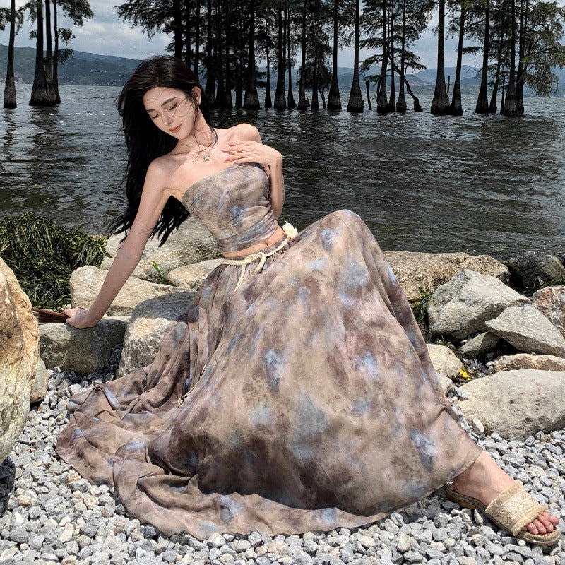 Luxury Vintage Summer Strapless Tops and Long Skirts Suits
