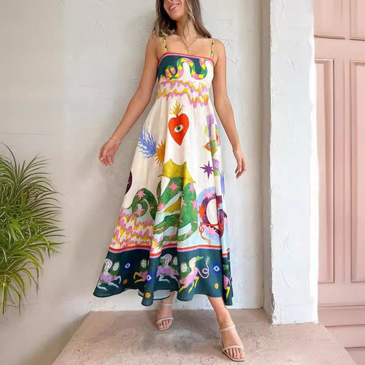 Casual Long Dress Women's Garment Suspender Print Sleeveless Pendulum Dress