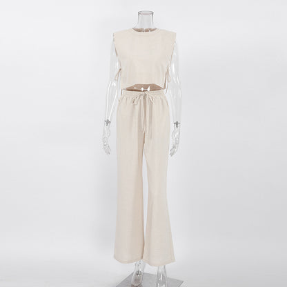 Casual Summer Cotton Linen Sleeveless Tops & Cropped Pants Suits