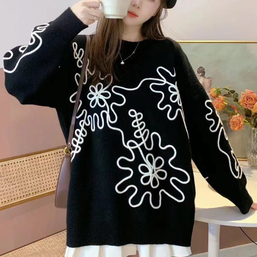 Fashion  3D Flowers Round Neck Knitted Sweaters
