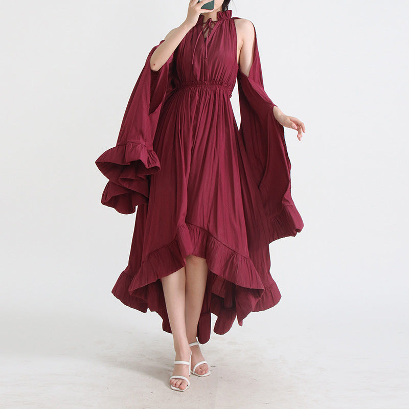 Designed V Neck Ruffled Long Sleeves Cloak Dresses