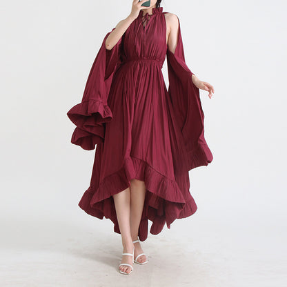 Designed V Neck Ruffled Long Sleeves Cloak Dresses