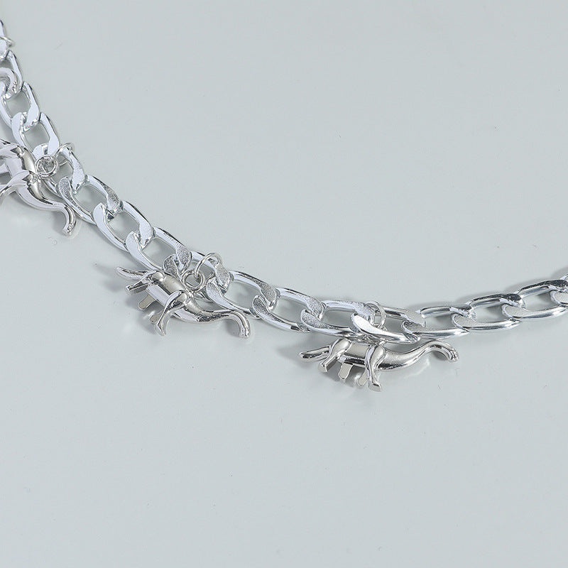 Dinosaur Pendant Men's Cuban Silver Chain Versatile Sweater Necklace