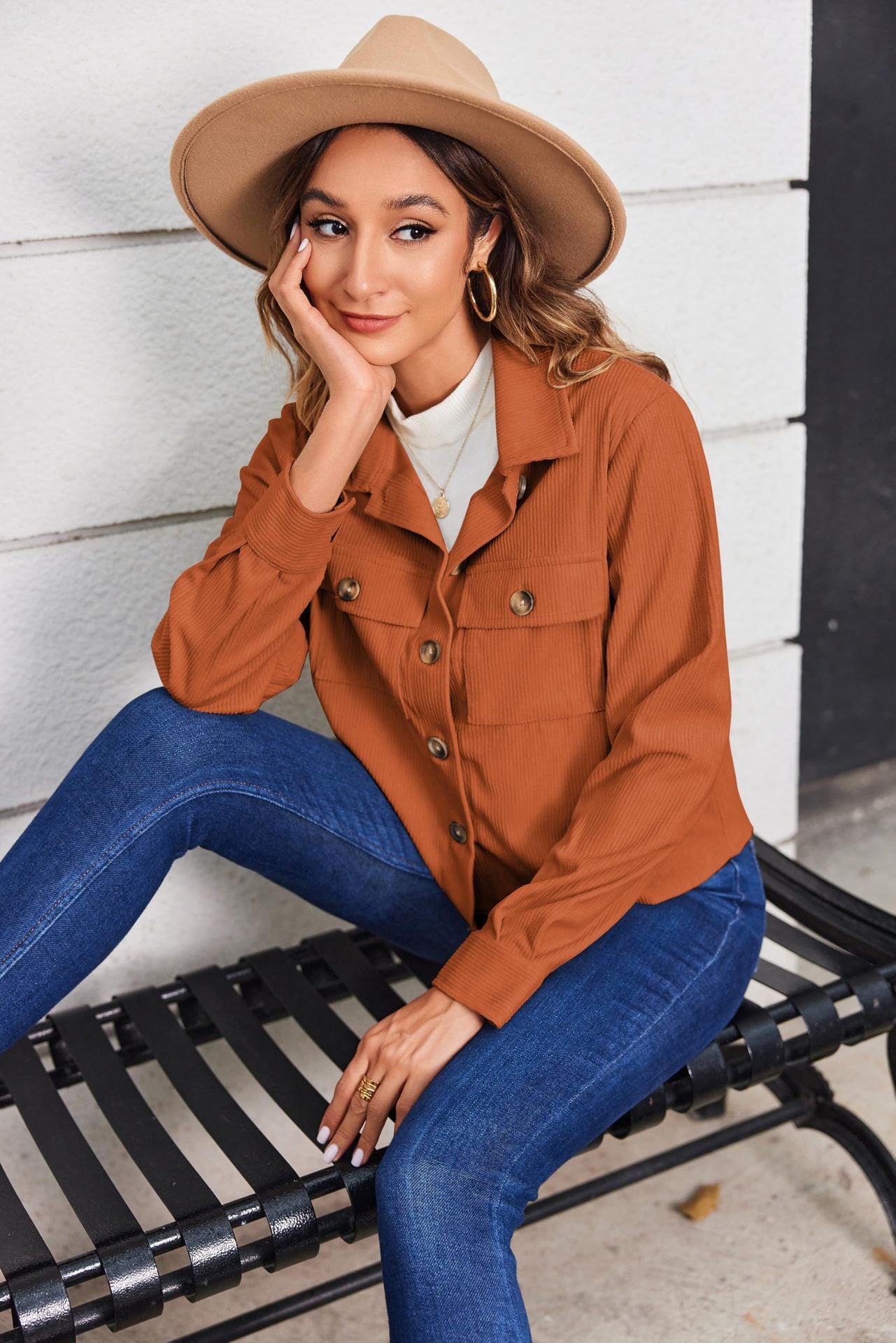 Women's Fashion Casual Short Shirt Corduroy Button-up Top Jackets
