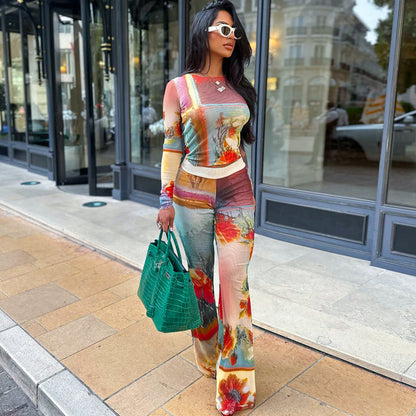 Fashion Women Floral Print Two Pieces Suits
