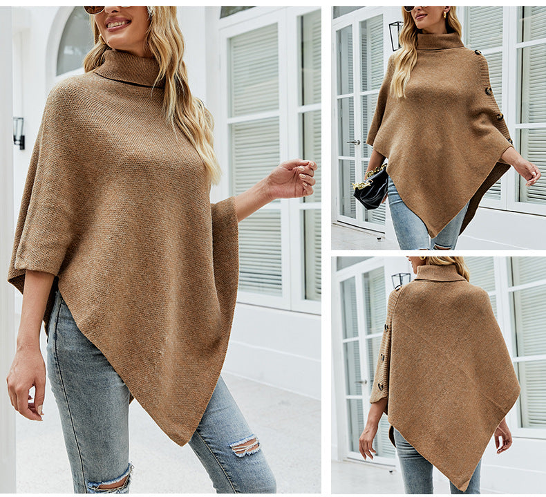 Casual High Neck Knitted Cloak Coats for Women