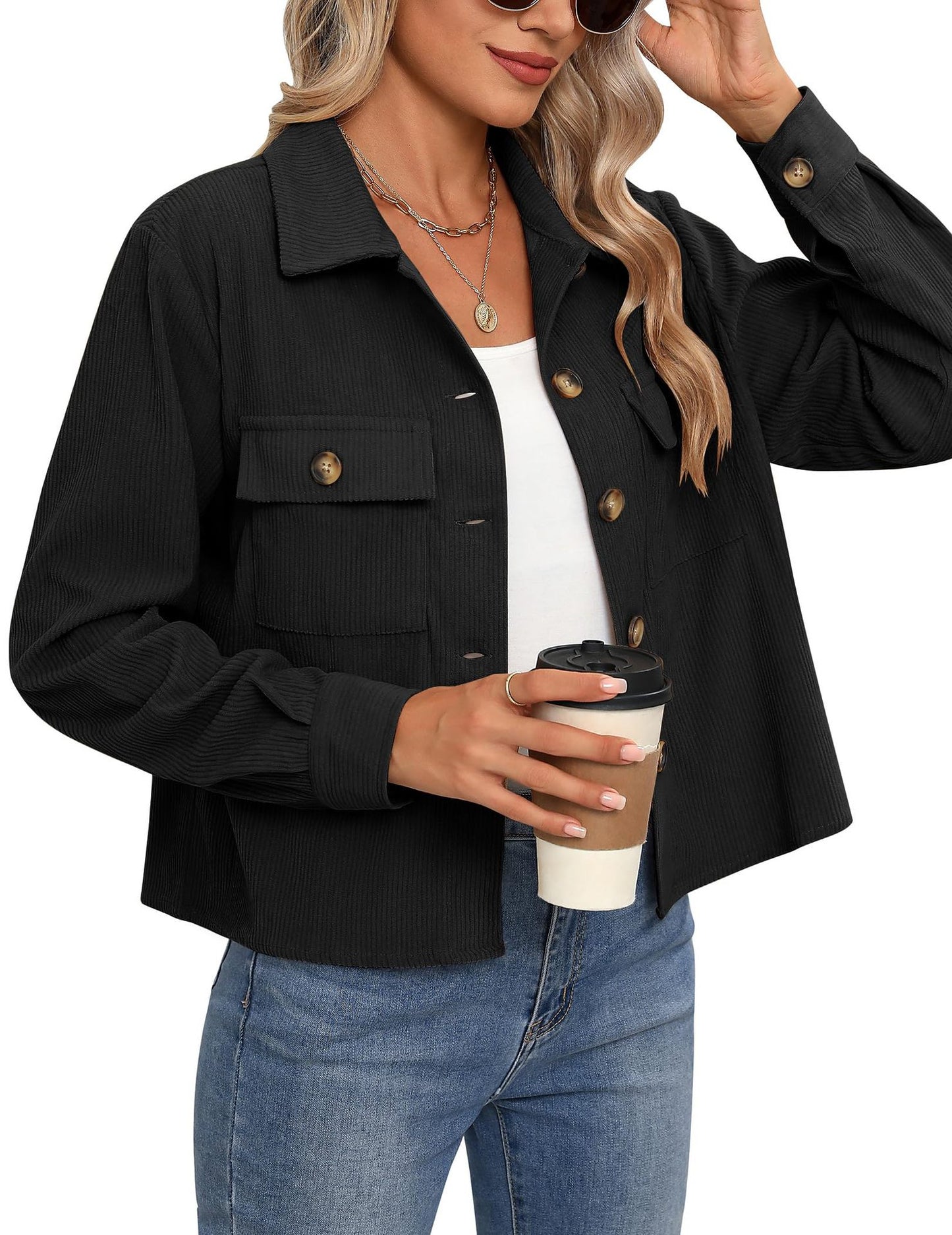 Women's Fashion Casual Short Shirt Corduroy Button-up Top Jackets