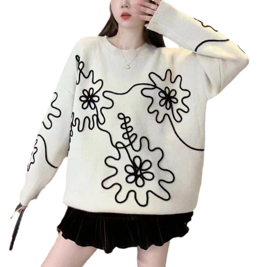 Fashion  3D Flowers Round Neck Knitted Sweaters