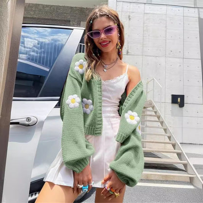 Sweety Floral Print Knitted Cardigan Sweaters