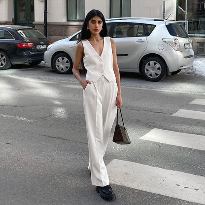 Summer White Sleeveless Vest & Long Pants Two Pieces Suits