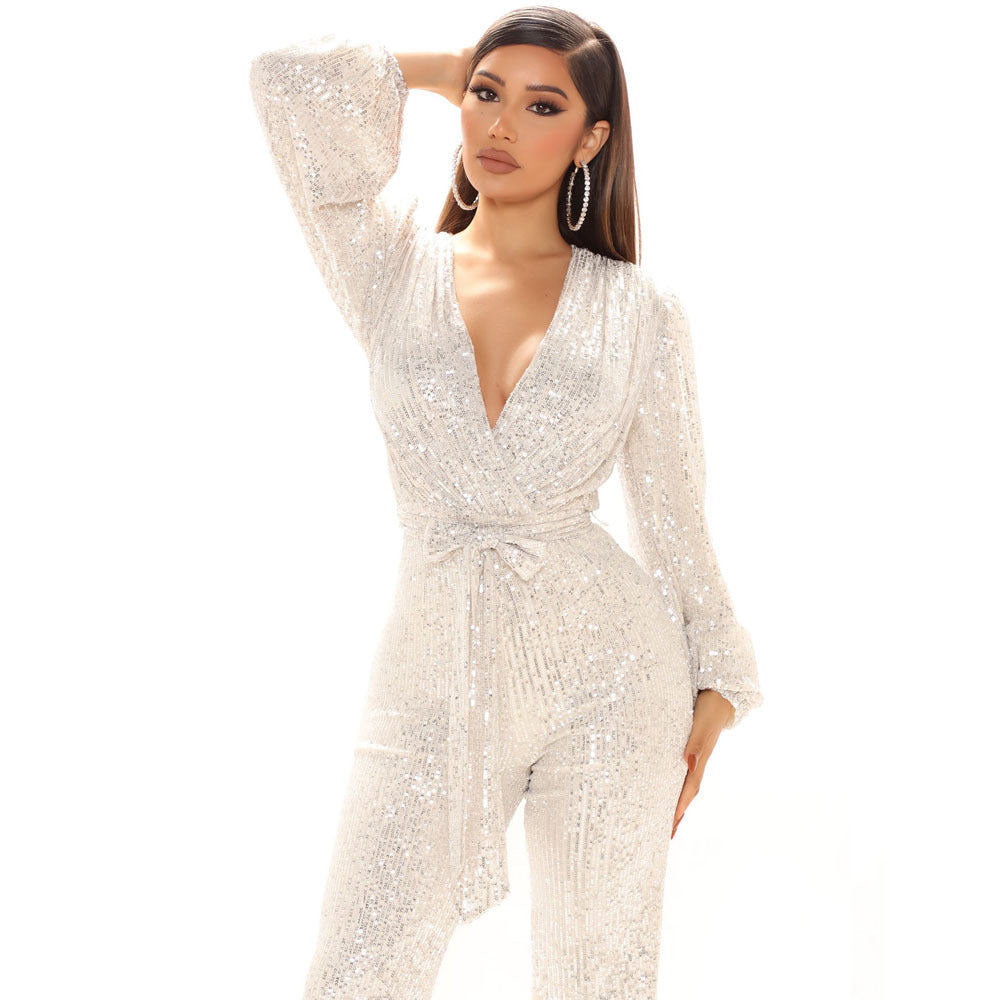 Fashion Sequined V Neck Long Sleeves Tops and Pants