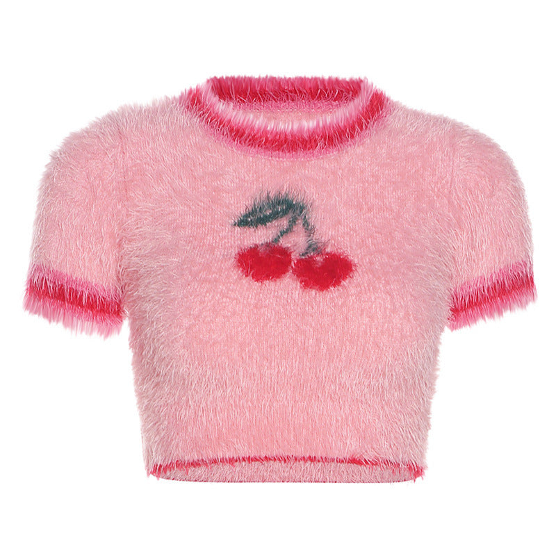 Fashion Cherry Design Midriff Baring Woven T  Shirts