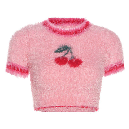 Fashion Cherry Design Midriff Baring Woven T  Shirts