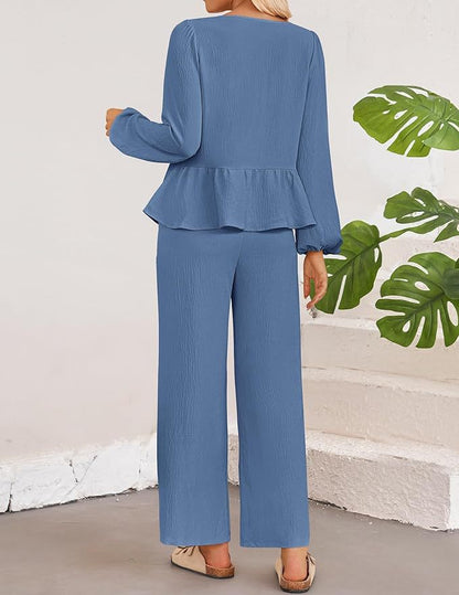 Casual Women Long Sleeves V Neck Shirts and Pants Suits