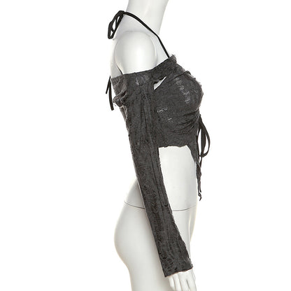 Fashion Gray Off The Shoulder Halter Short Shirts