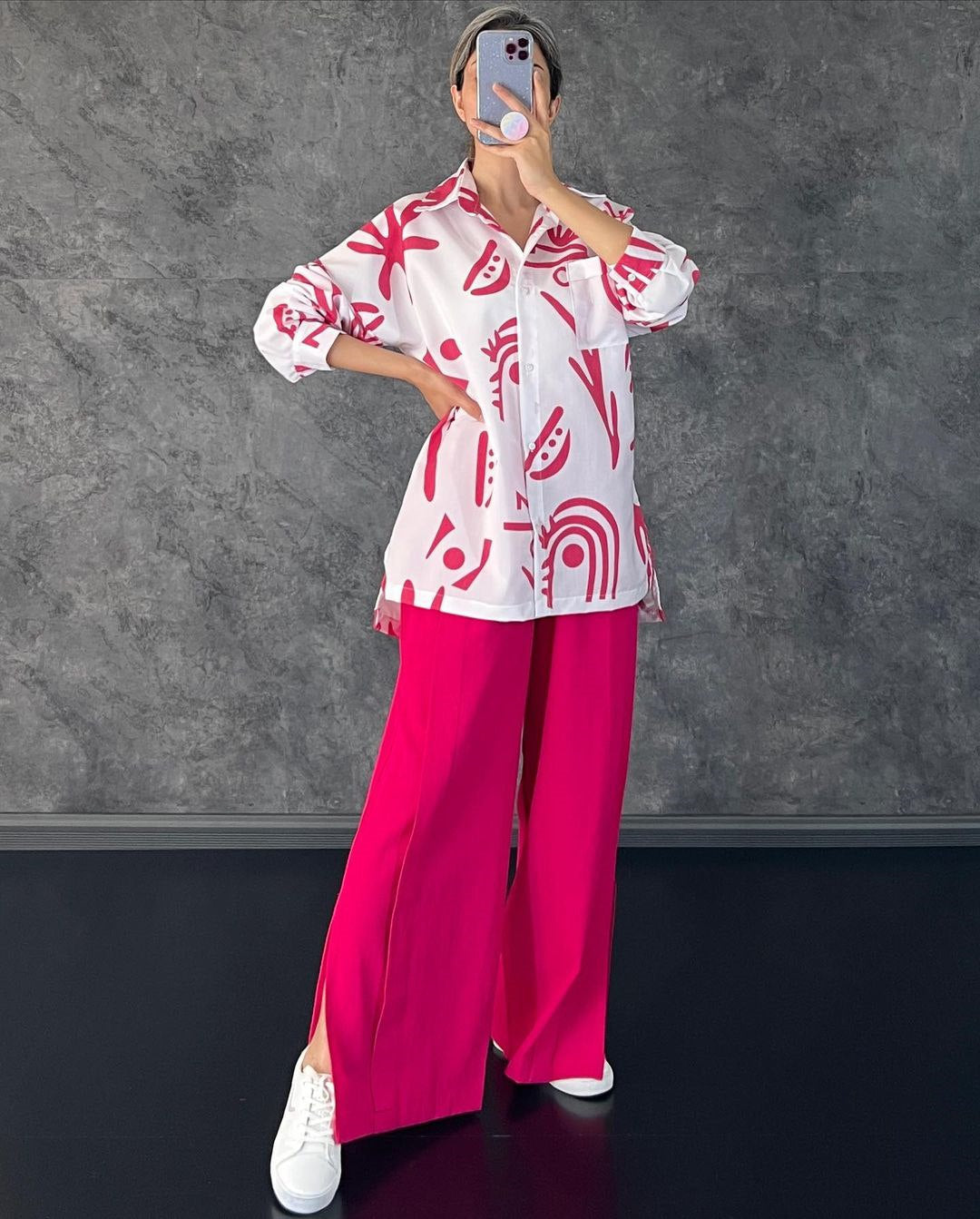 Casual Floral Print Long Sleeves Shirts & High Waist Pants