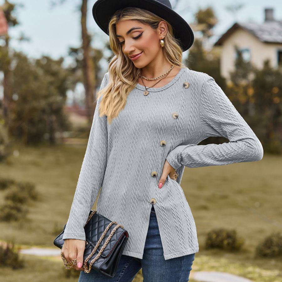 Fashion Round Neckline Button Long Sleeves Shirts