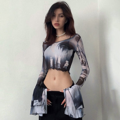 Summer Sexy Trumpet Sleeves Midriff Baring Women Shirts