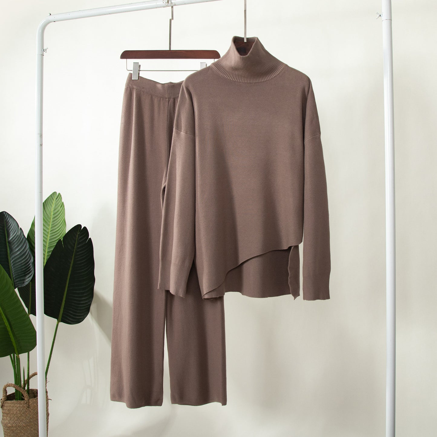 Casual Irregular Pullover Sweaters and Wide Legs Pants Outfits Sets