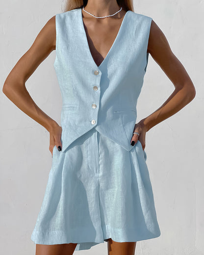 Designed Linen Cotton Summer Sleeveless Tops and Shorts Sets