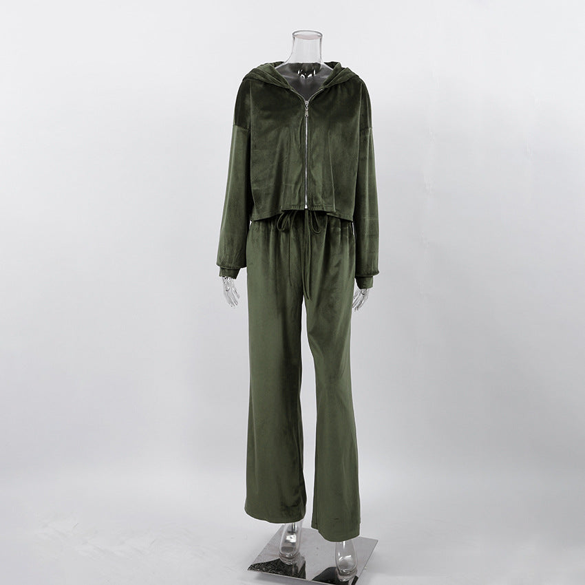 Casual Fashion Pleuch Hoodies & High Waist Pants Women Outfit Sets
