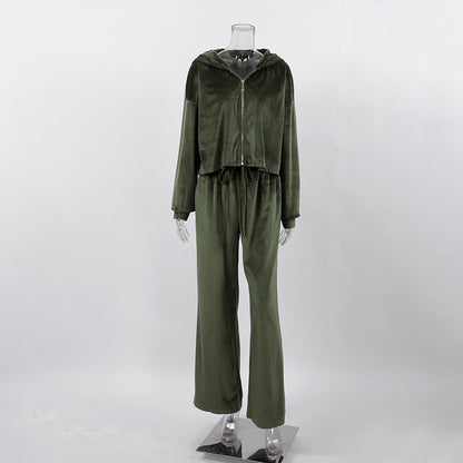 Casual Fashion Pleuch Hoodies & High Waist Pants Women Outfit Sets