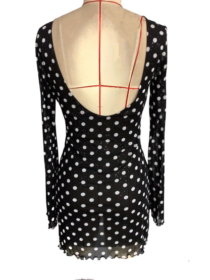 Elegant Women's Mesh Polka Dot Printing Round Neck Backless Long-sleeves Dresses